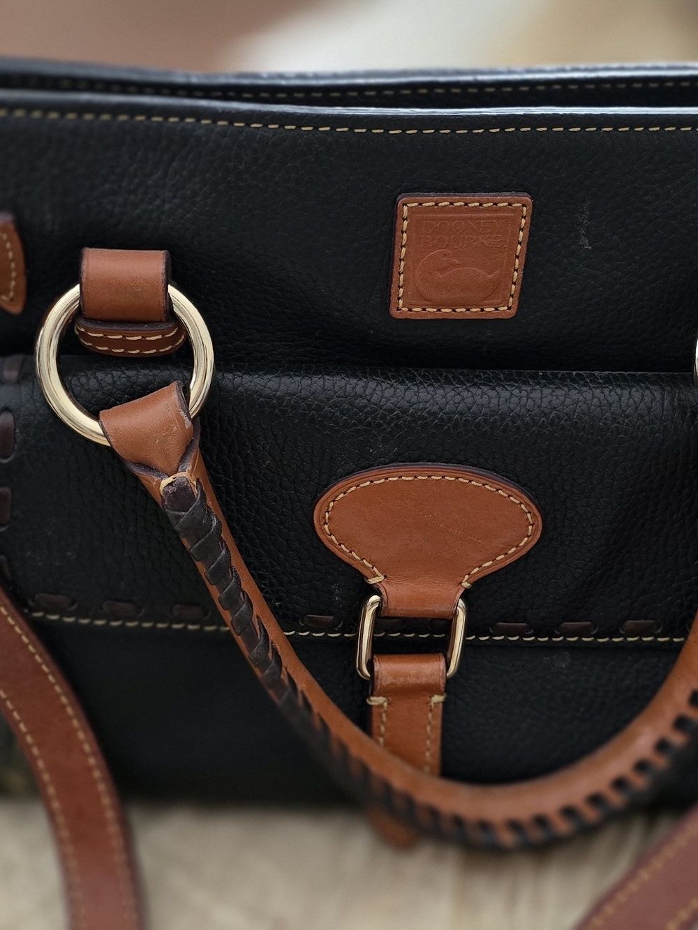 Dooney & Bourke Black Leather Shoulder Bag with Tan Trim